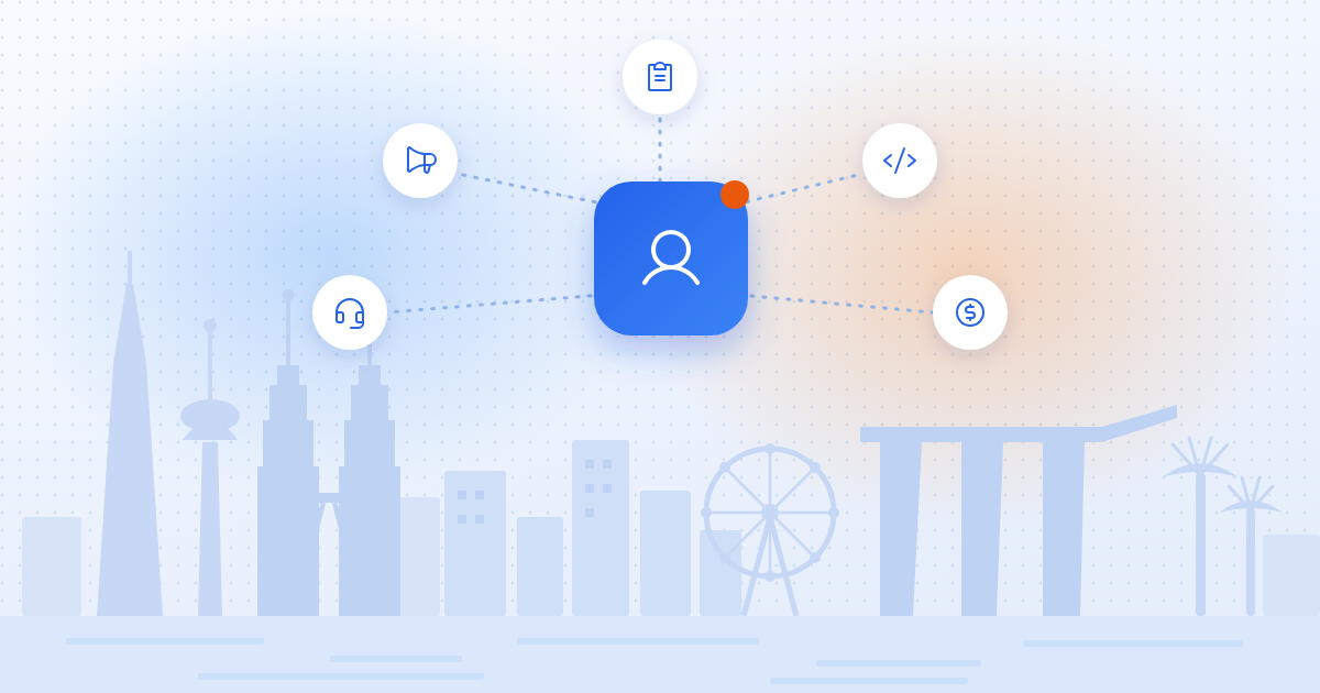 Illustration of a solo founder at the centre of marketing, code, customer support, finance and admin, above a skyline with the Petronas Twin Towers, Menara KL, the Singapore Flyer, Marina Bay Sands and the Supertrees