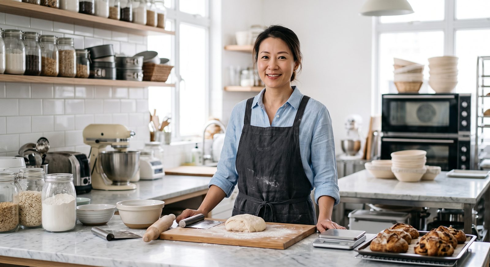 Illustrative image of a pastry instructor in a bright teaching kitchen